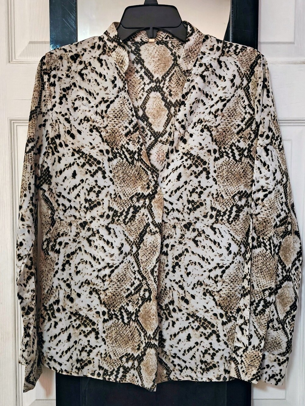 Soft Beige, White, and Black Snake Print V-neck Blouse
